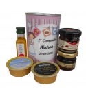 Lata con aceite de Oliva Virgen extra, mermelada, miel, queso azul y paté