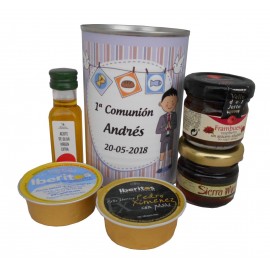 Lata con aceite de Oliva Virgen extra, mermelada, miel, queso azul y paté 2