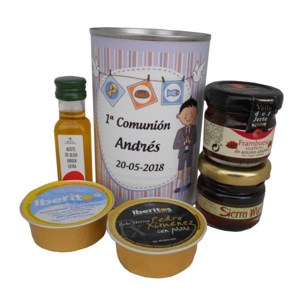 Lata con aceite de Oliva Virgen extra, mermelada, miel, queso azul y paté