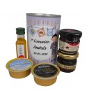 Lata con aceite de Oliva Virgen extra, mermelada, miel, queso azul y paté