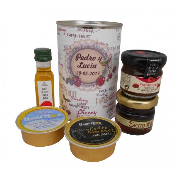 Lata con aceite de Oliva Virgen extra, mermelada, miel, queso azul y paté