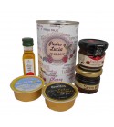 Lata con aceite de Oliva Virgen extra, mermelada, miel, queso azul y paté