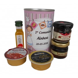 Lata con aceite de Oliva Virgen extra, mermelada, miel, crema jamón y paté. 2