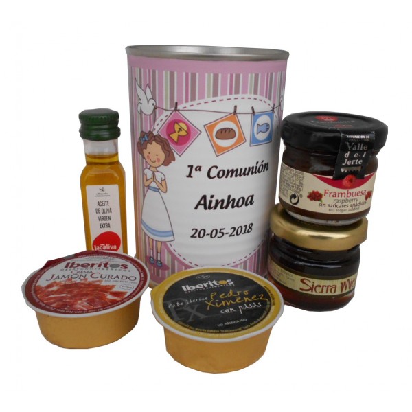 Lata con aceite de Oliva Virgen extra, mermelada, miel, crema jamón y paté.