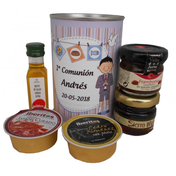 Lata con aceite de Oliva Virgen extra, mermelada, miel, crema jamón y paté.