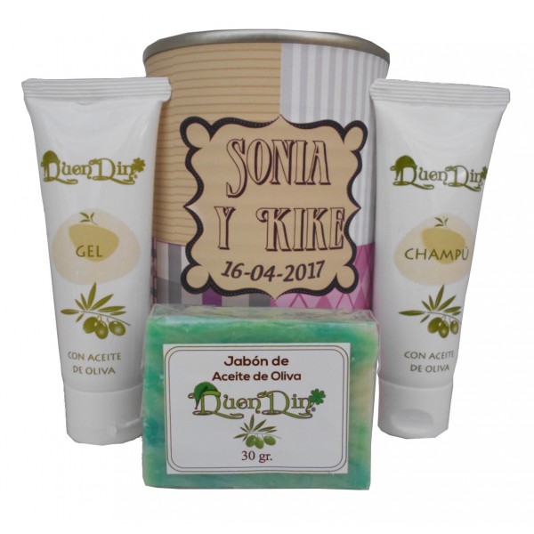 Lata cosmético con gel, champú y pastilla de jabón