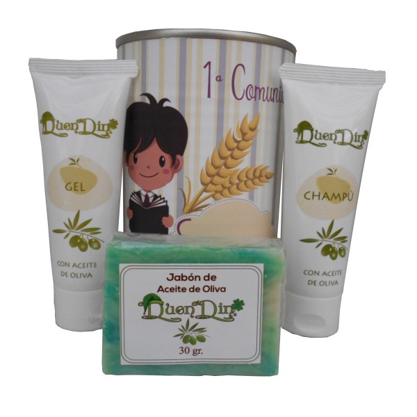 Lata cosmético con gel, champú y pastilla de jabón