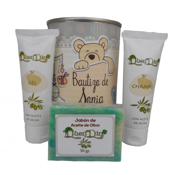 Lata cosmético con gel, champú y pastilla de jabón