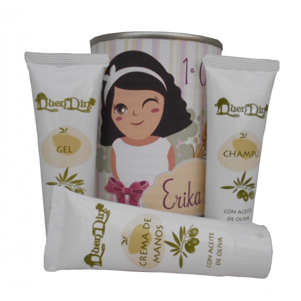 Lata cosmético con crema de manos, champú y gel