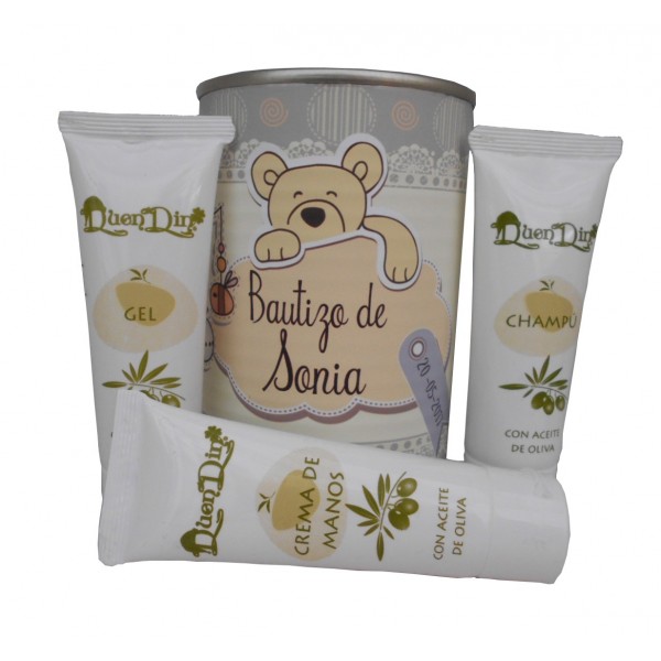 Lata cosmético con crema de manos, champú y gel