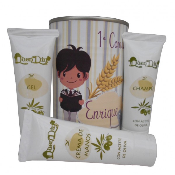 Lata cosmético con crema de manos, champú y gel