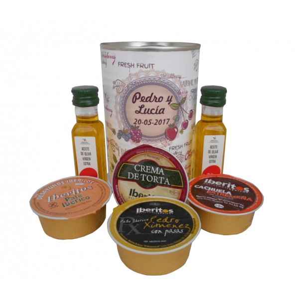 Lata con aceite de Oliva Virgen extra, paté y queso de torta