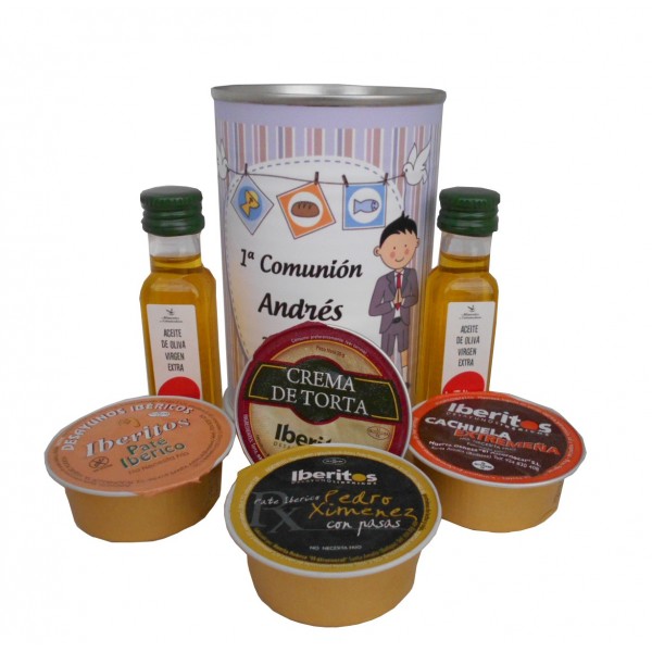 Lata con aceite de Oliva Virgen extra, paté y queso de torta