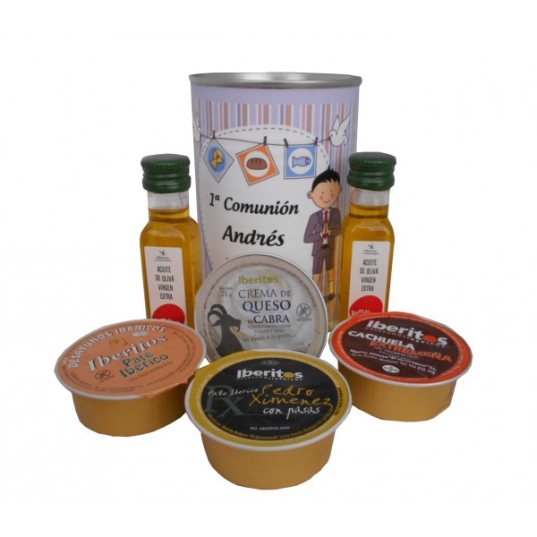 Lata con aceite de Oliva Virgen extra, paté y queso de cabra