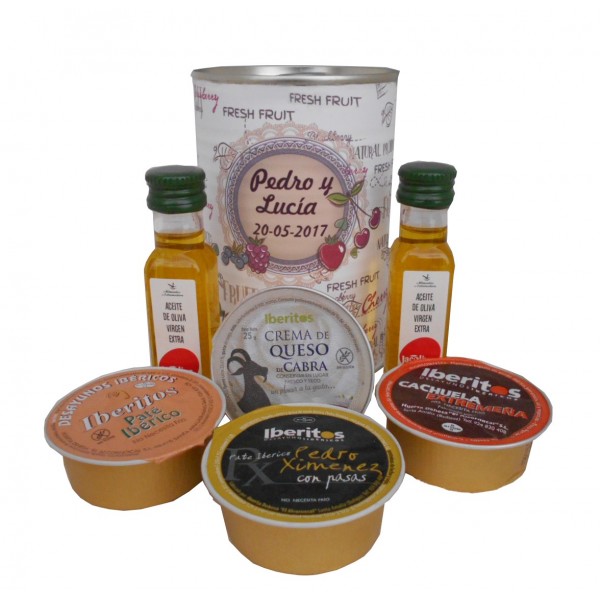 Lata con aceite de Oliva Virgen extra, paté y queso de cabra