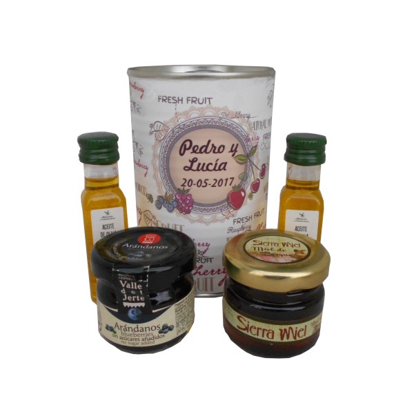 Lata con aceite de Oliva Virgen extra, mermelada y miel