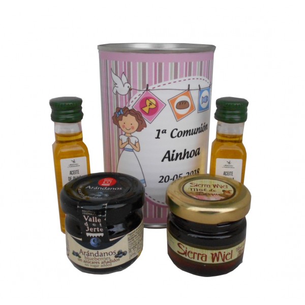 Lata con aceite de Oliva Virgen extra, mermelada y miel