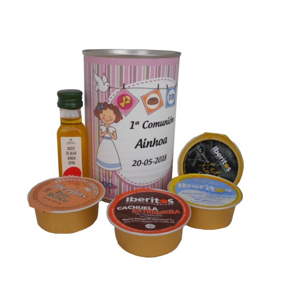 Lata con aceite de Oliva Virgen extra, paté y crema de queso azul