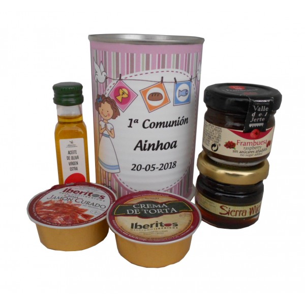 Aceite de Oliva Virgen extra con crema de jamón, crema de torta, mermelada y miel en lata