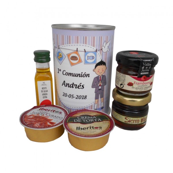 Aceite de Oliva Virgen extra con crema de jamón, crema de torta, mermelada y miel en lata