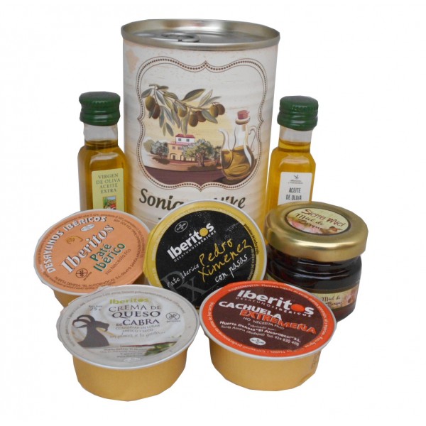 Lata con Aceite de Oliva Virgen extra, Aceite de Oliva Virgen ecológica, miel, paté y queso de cabra