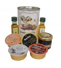 Lata con Aceite de Oliva Virgen extra, Aceite de Oliva Virgen ecológica, miel, paté y queso de cabra