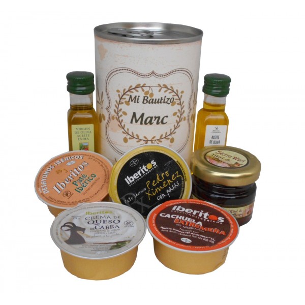 Lata con Aceite de Oliva Virgen extra, Aceite de Oliva Virgen ecológica, miel, paté y queso de cabra