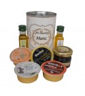 Lata con Aceite de Oliva Virgen extra, Aceite de Oliva Virgen ecológica, miel, paté y queso de cabra