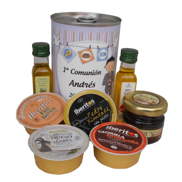 Lata con Aceite de Oliva Virgen extra, Aceite de Oliva Virgen ecológica, miel, paté y queso de cabra