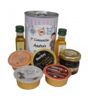 Lata con Aceite de Oliva Virgen extra, Aceite de Oliva Virgen ecológica, miel, paté y queso de cabra