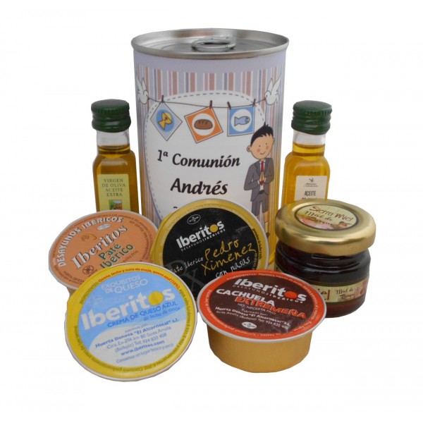 Lata con Aceite de Oliva Virgen extra, Aceite de Oliva Virgen ecológica, miel, paté y tarrina de queso azul