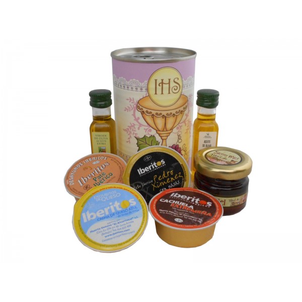 Lata con Aceite de Oliva Virgen extra, Aceite de Oliva Virgen ecológica, miel, paté y tarrina de queso azul