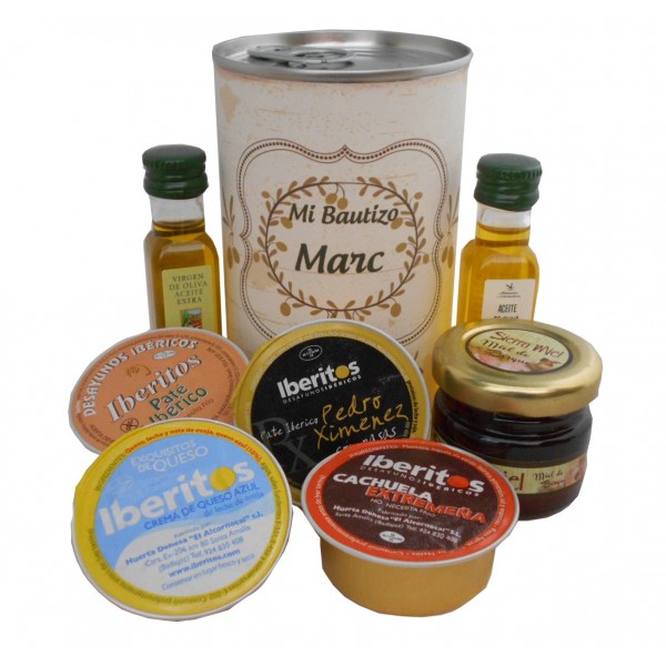 Lata con Aceite de Oliva Virgen extra, Aceite de Oliva Virgen ecológica, miel, paté y tarrina de queso azul