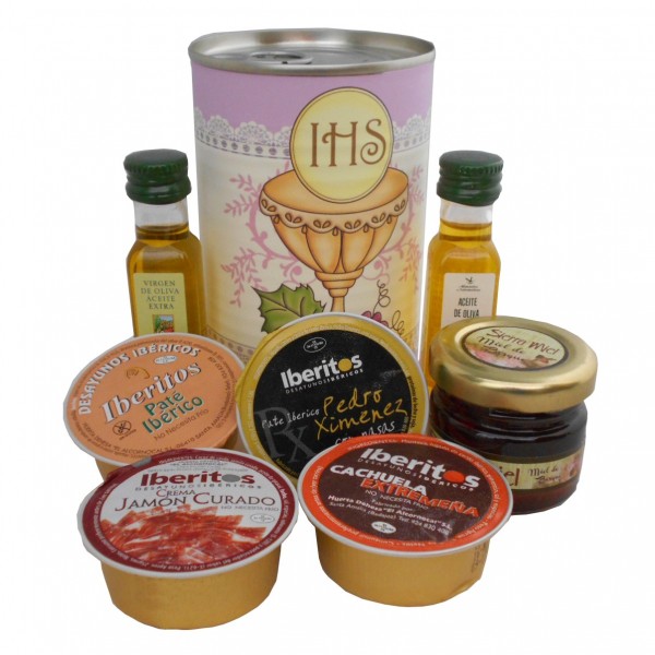 Lata con Aceite de Oliva Virgen extra, Aceite de Oliva Virgen ecológica, miel, paté y tarrina de crema de jamón