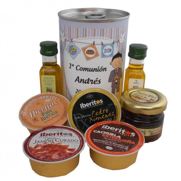 Lata con Aceite de Oliva Virgen extra, Aceite de Oliva Virgen ecológica, miel, paté y tarrina de crema de jamón