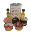Lata con Aceite de Oliva Virgen extra, Aceite de Oliva Virgen ecológica, miel, paté y tarrina de crema de jamón