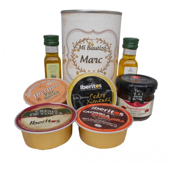 Lata con Aceite de Oliva Virgen extra, Aceite de Oliva Virgen ecológica, mermelada, pate y crema de torta