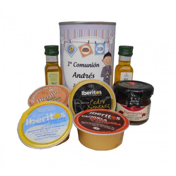 Lata con Aceite de Oliva Virgen extra, Aceite de Oliva Virgen ecológica, mermelada, paté y queso azul