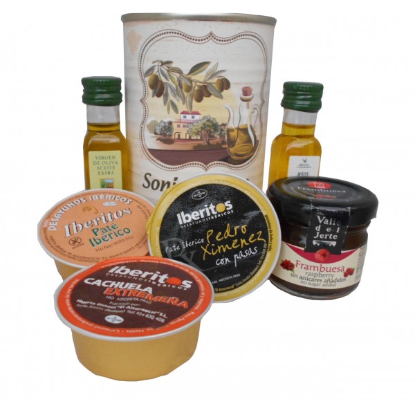 Lata con Aceite de Oliva Virgen extra, Aceite de Oliva Virgen ecológica, mermelada y paté