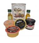 Lata con Aceite de Oliva Virgen extra, Aceite de Oliva Virgen ecológica, mermelada y paté