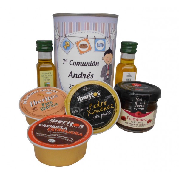 Lata con Aceite de Oliva Virgen extra, Aceite de Oliva Virgen ecológica, mermelada y paté