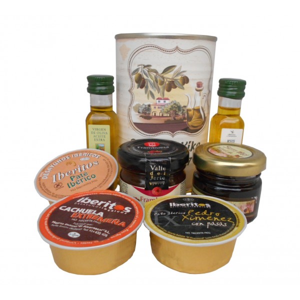 Lata con Aceite de Oliva Virgen extra, Aceite de Oliva Virgen ecológica, mermelada, miel y paté