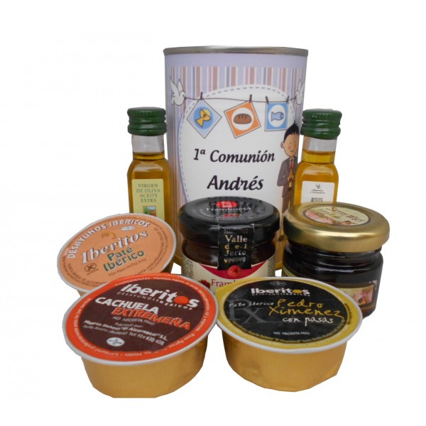 Lata con Aceite de Oliva Virgen extra, Aceite de Oliva Virgen ecológica, mermelada, miel y paté