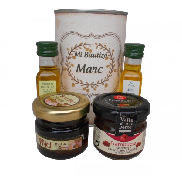 Lata con Aceite de Oliva Virgen extra, Aceite de Oliva Virgen ecológica, mermelada y miel