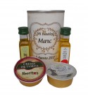 Lata con Aceite de Oliva Virgen extra, Aceite de Oliva Virgen ecológica, queso de torta y queso de cabra