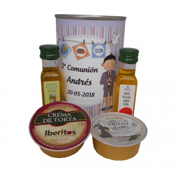 Lata con Aceite de Oliva Virgen extra, Aceite de Oliva Virgen ecológica, queso de torta y queso de cabra