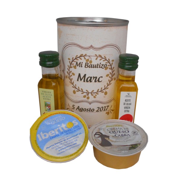 Lata con Aceite de Oliva Virgen extra, Aceite de Oliva Virgen ecológica, queso de cabra y queso azul