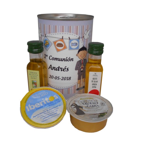 Lata con Aceite de Oliva Virgen extra, Aceite de Oliva Virgen ecológica, queso de cabra y queso azul