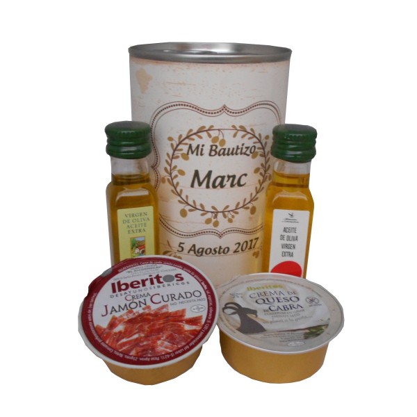 Lata con Aceite de Oliva Virgen extra, Aceite de Oliva Virgen ecológica, queso de cabra y crema de jamón