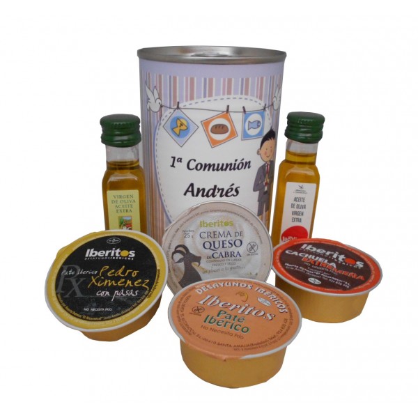 Lata con Aceite de Oliva Virgen extra, Aceite de Oliva Virgen ecológica, paté y queso de cabra